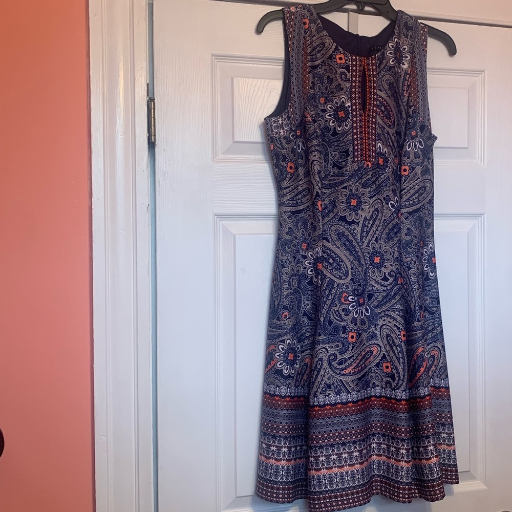 Tiana B. Navy Paisley Midi Dress with Orange Accents